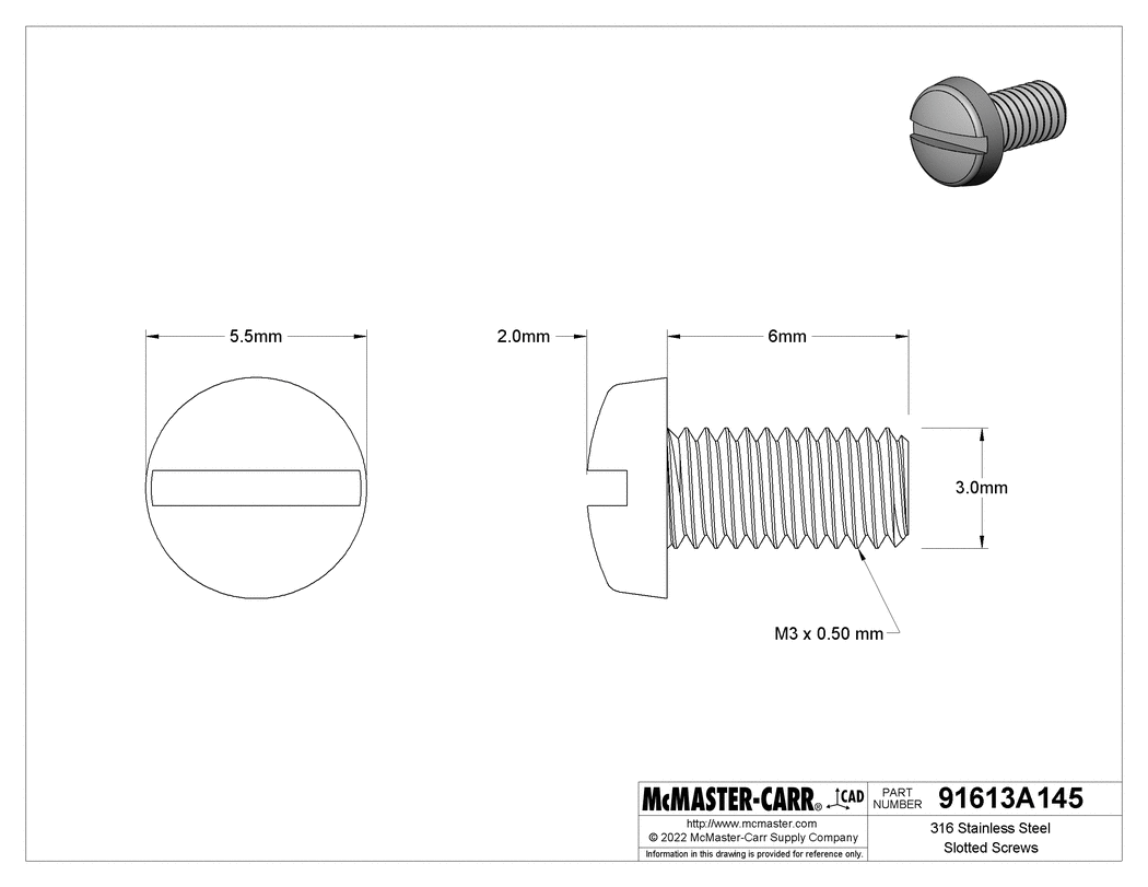 Technical Drawing of 316 Stainless Steel Slotted Screws, Cheese Head, M3 x 0.5 mm Thread Size, 6 mm Long.